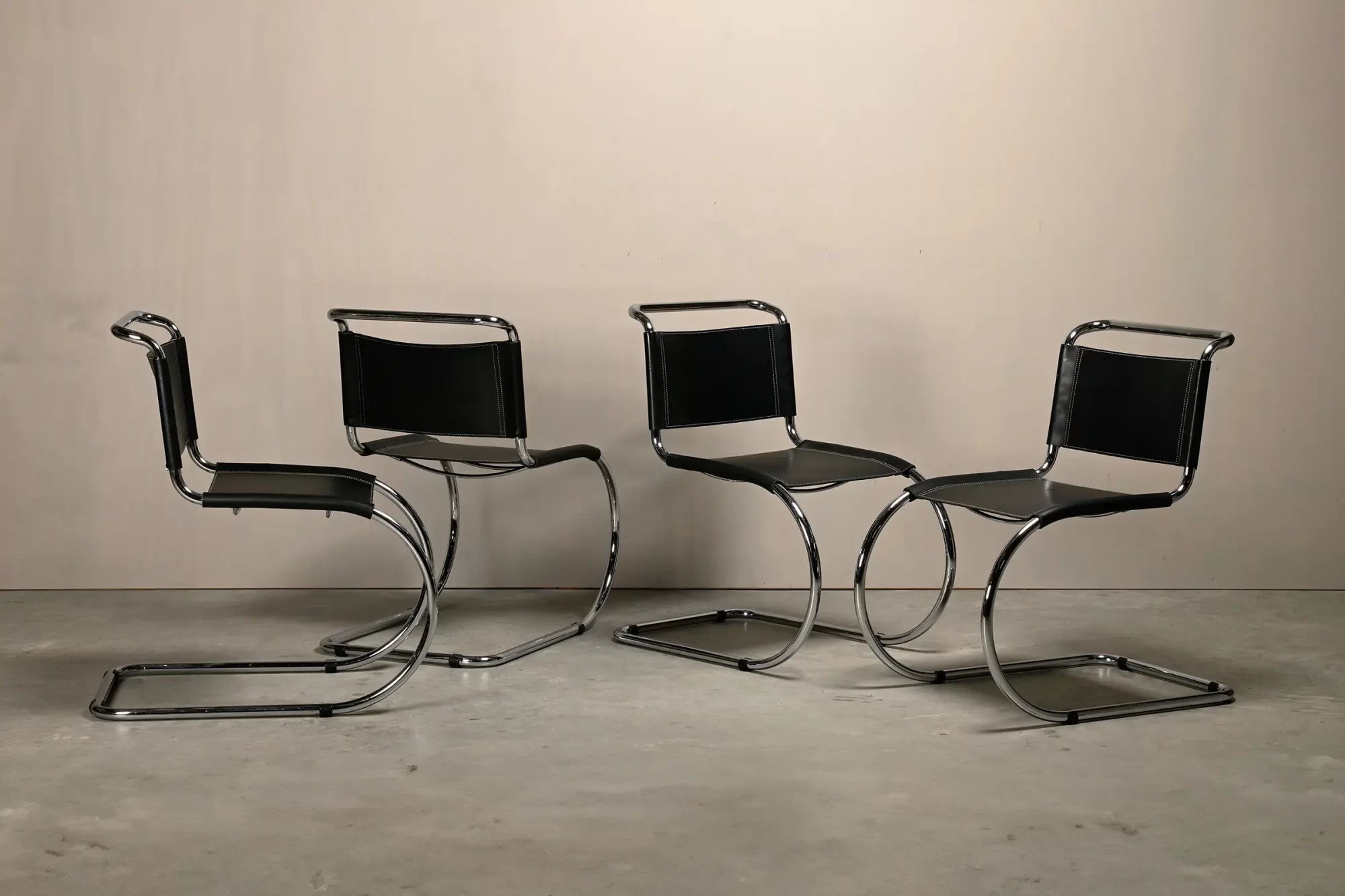 Mies Van Der Rohe MR10 Cantilever Chairs in Black Leather for Fasem, Italy