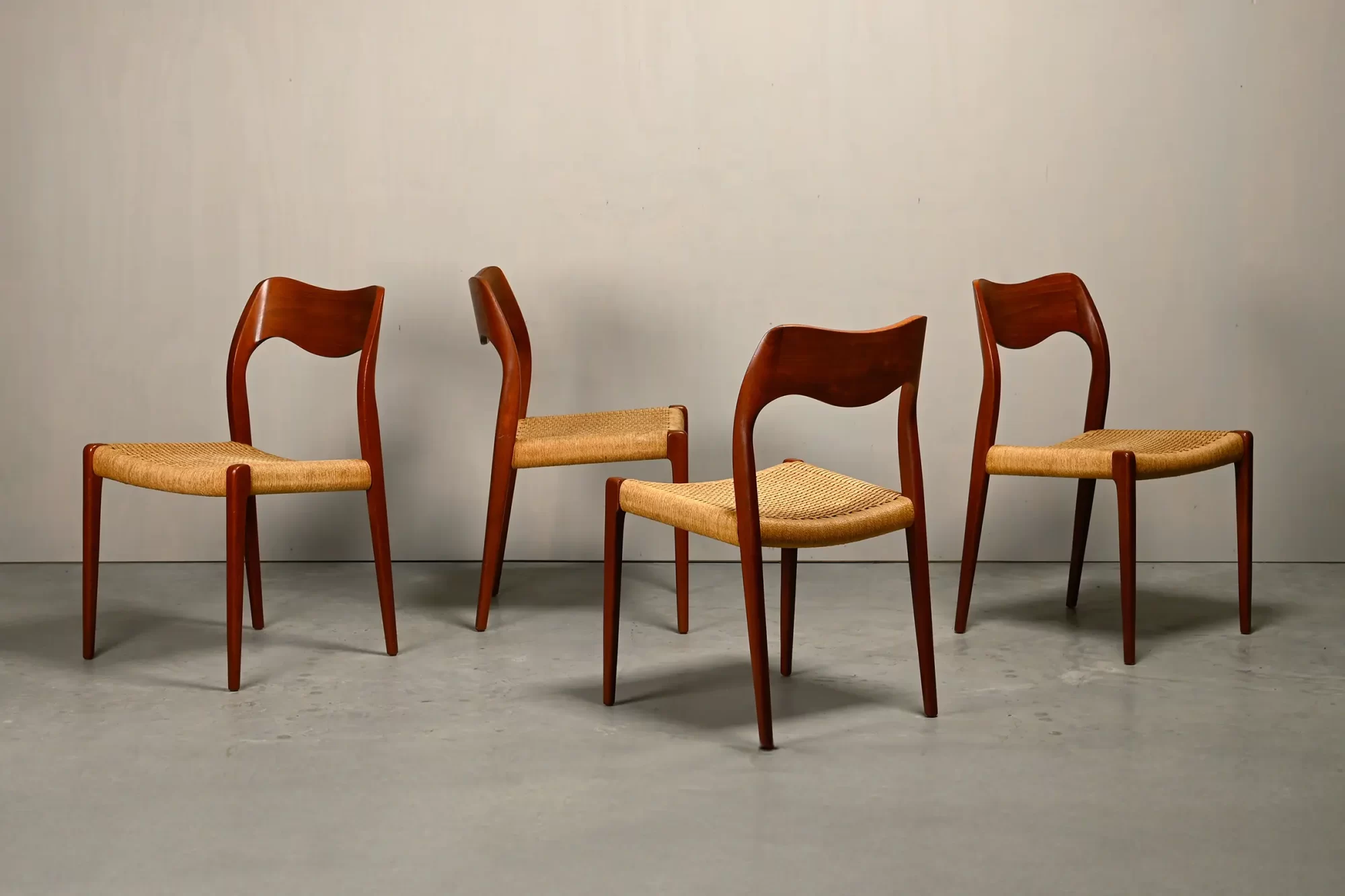 Niels O. Møller Dining Chairs Teak Papercord Model 71, J.L. Møllers Møbelfabrik