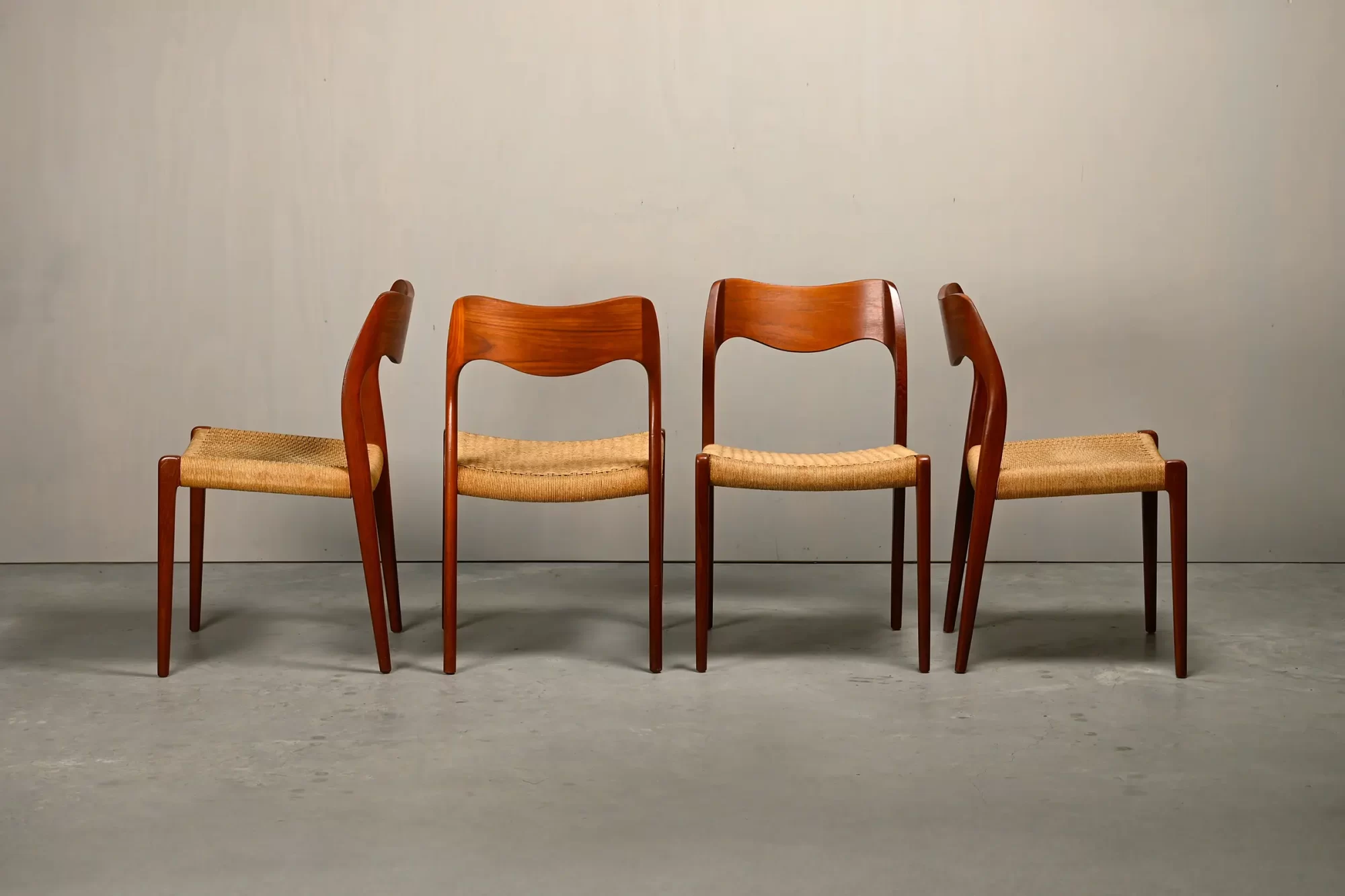 Niels O. Møller Dining Chairs Teak Papercord Model 71, J.L. Møllers Møbelfabrik