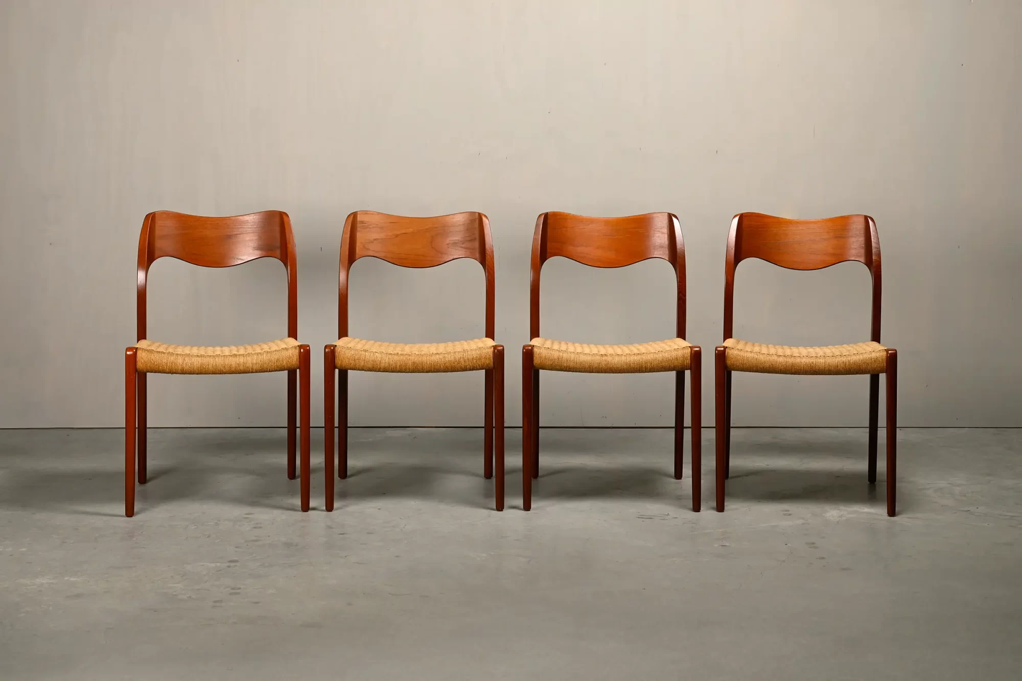Niels O. Møller Dining Chairs Teak Papercord Model 71, J.L. Møllers Møbelfabrik