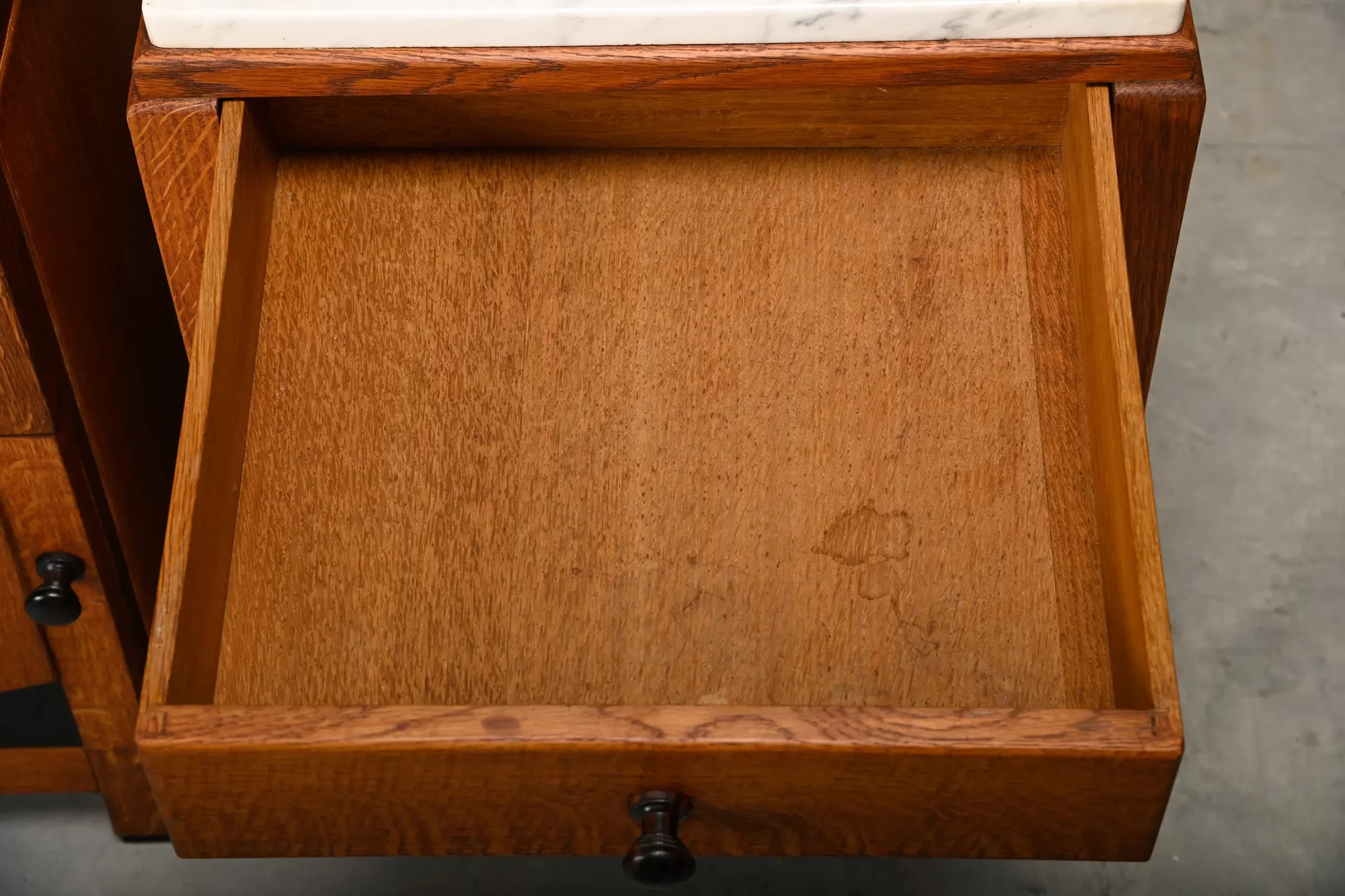 Art Deco Amsterdam School Nightstands pair in oak and marble, 1930s Netherlands