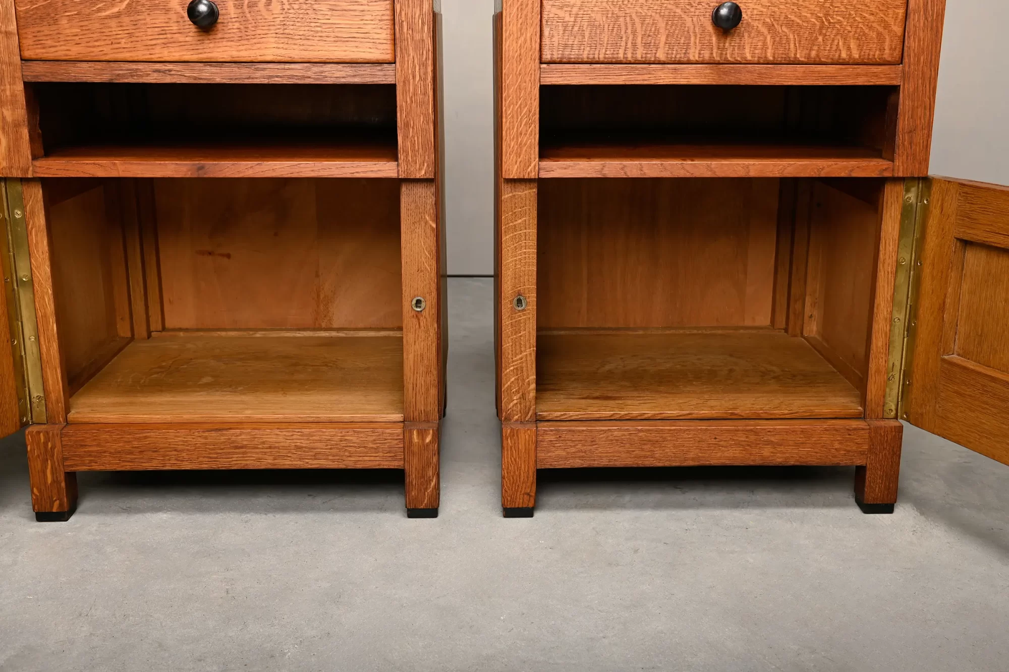 Art Deco Amsterdam School Nightstands pair in oak and marble, 1930s Netherlands
