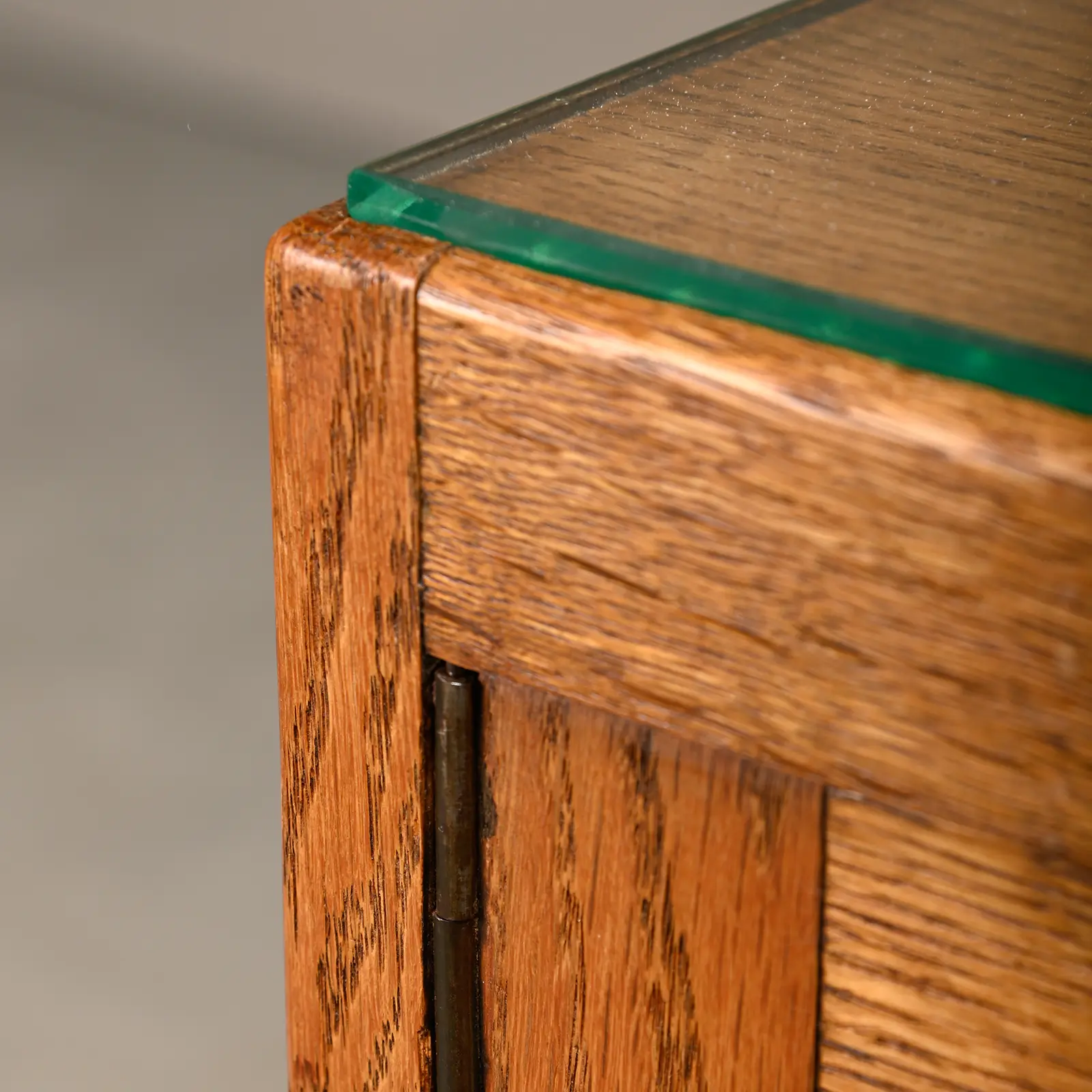 Art Deco Amsterdam School Nightstands pair in oak and glass, 1930s Netherlands