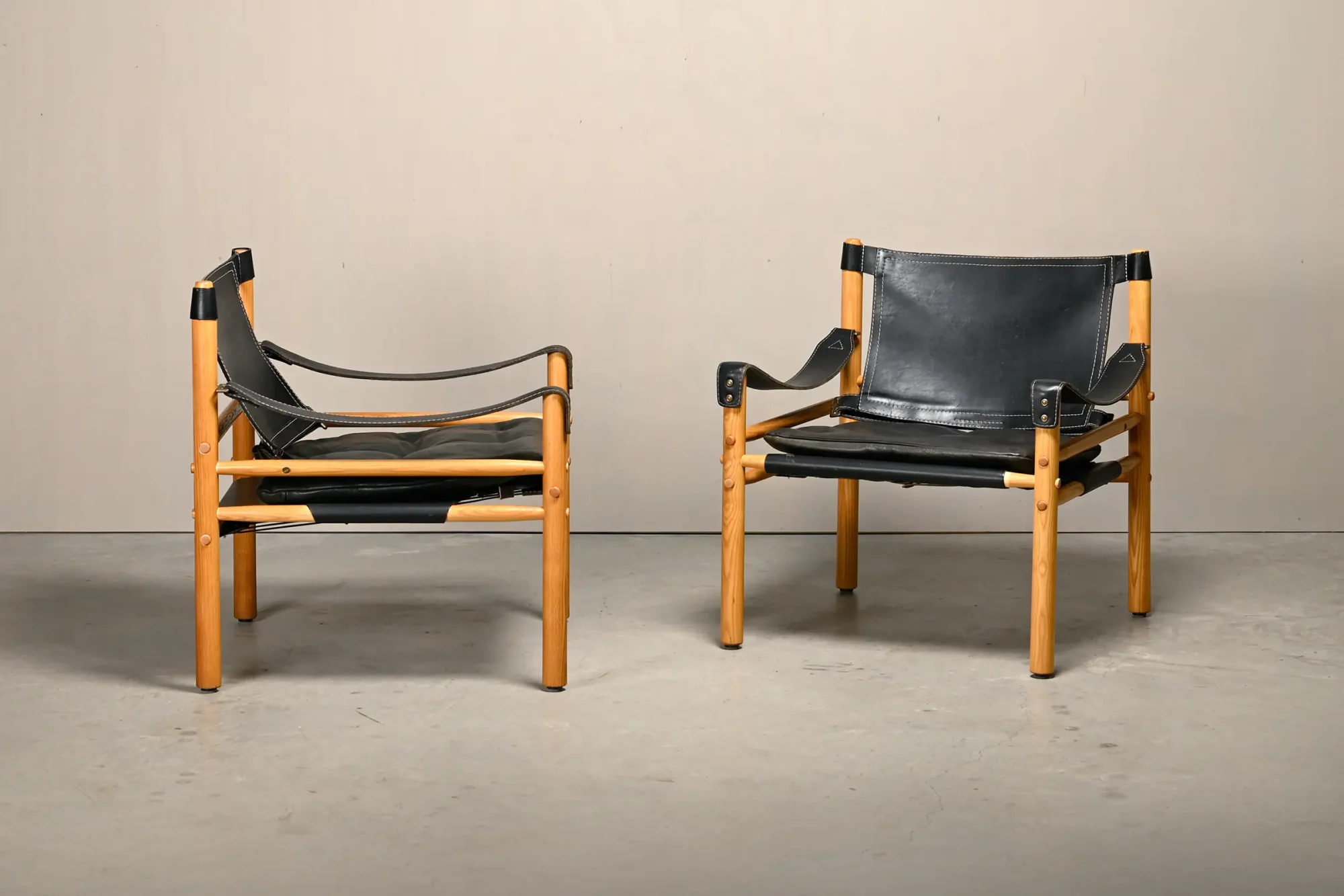 Arne Norell Sirocco Safari Lounge Chairs in Black Leather and Ash, Sweden