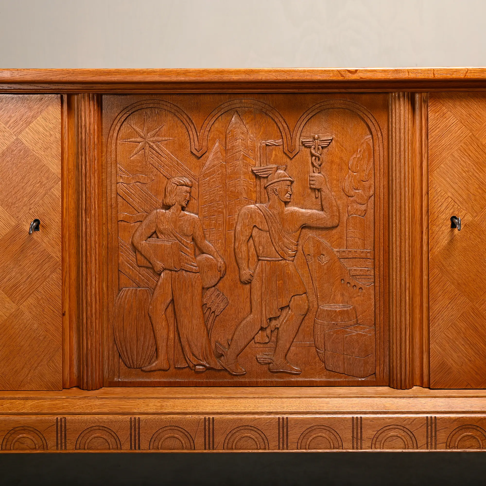 Scandinavian Oak Sideboard with Carved Panel depicting Mercury