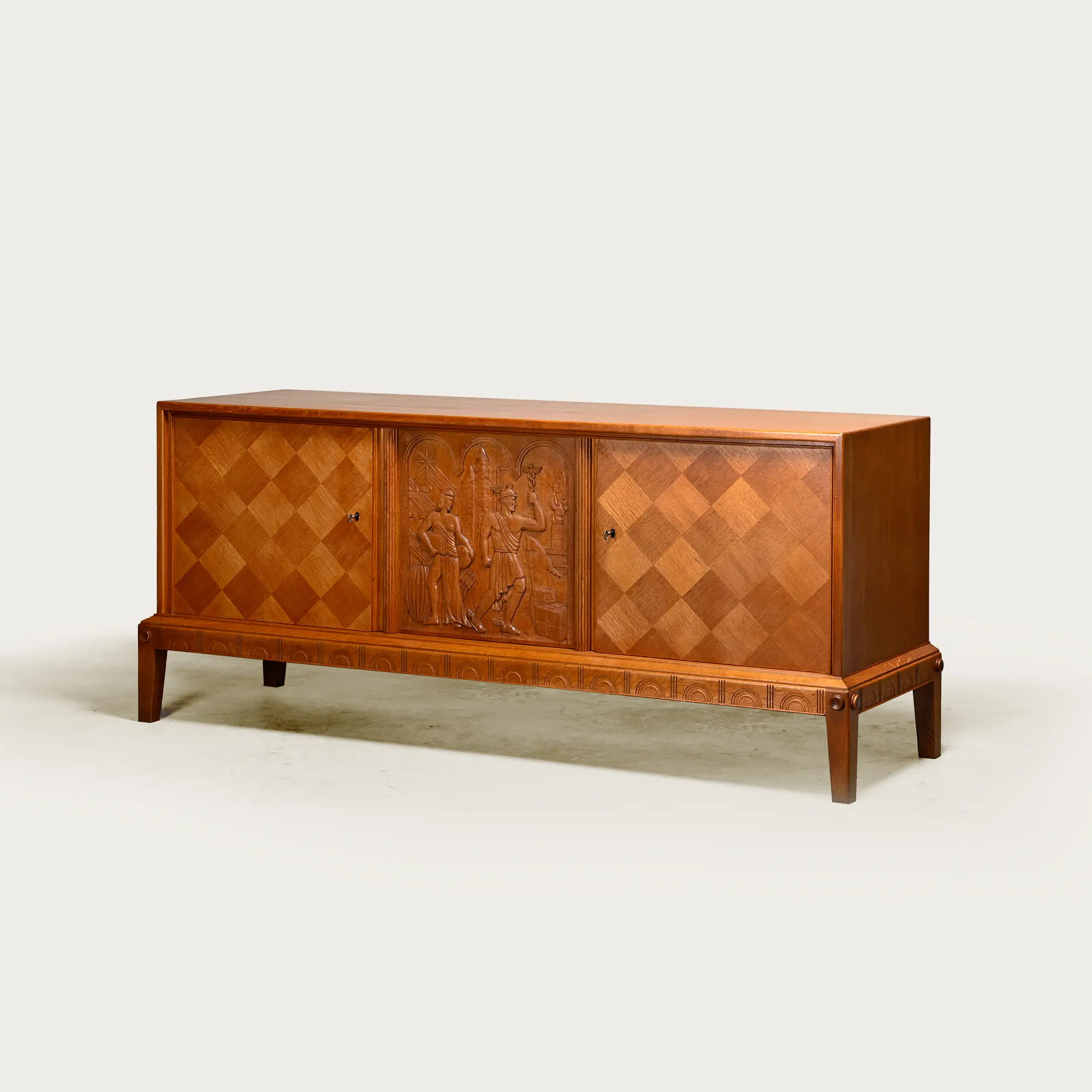 Scandinavian Oak Sideboard with Carved Panel depicting Mercury