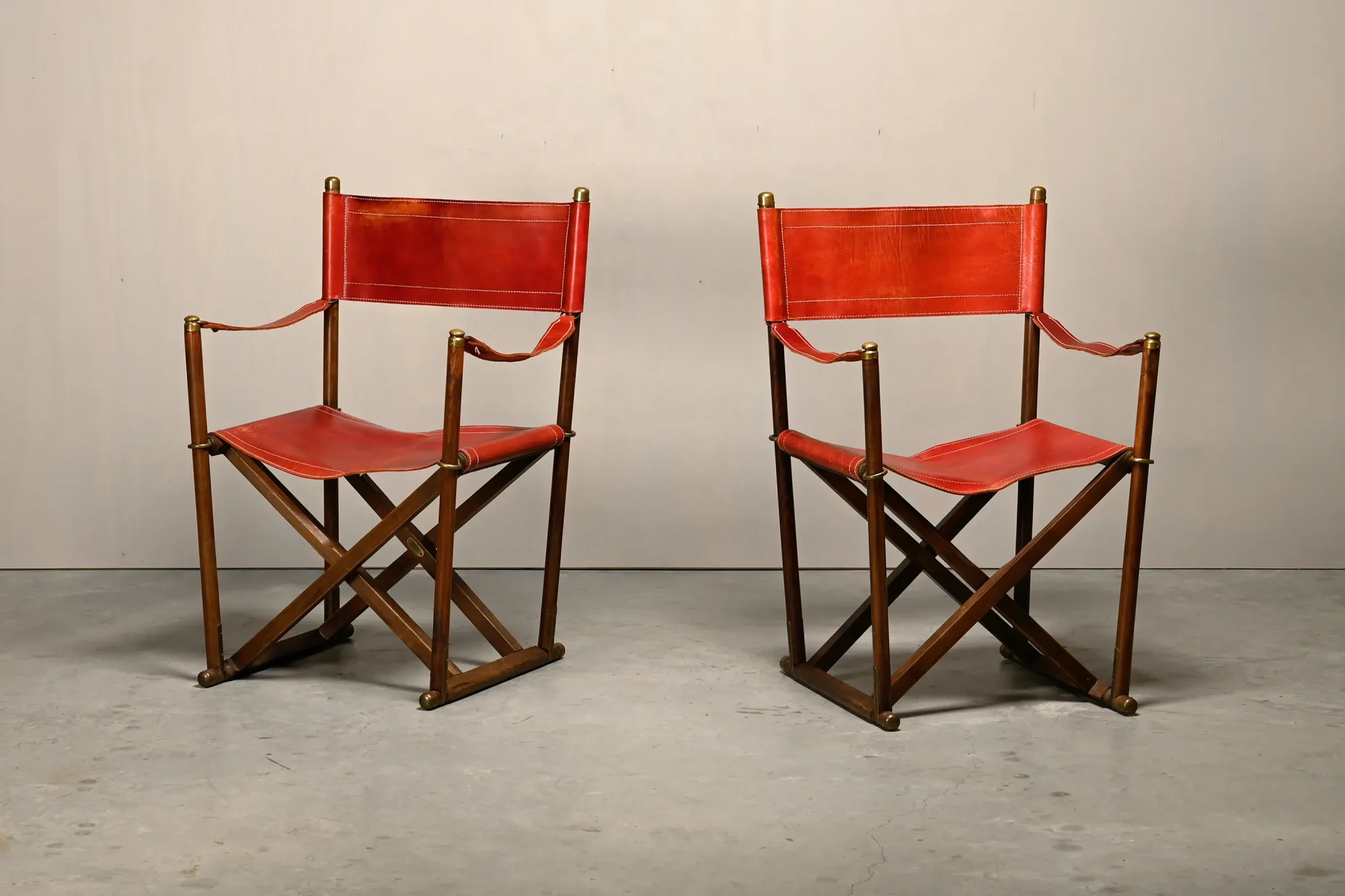 Pair Mogens Koch MK-16 Folding Chair in Oak Wood with Red Leather for Valmazan