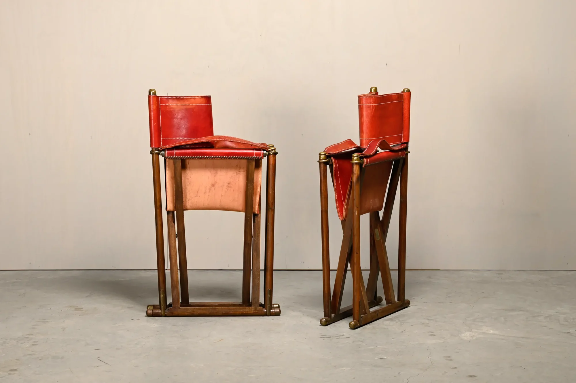 Pair Mogens Koch MK-16 Folding Chair in Oak Wood with Red Leather for Valmazan