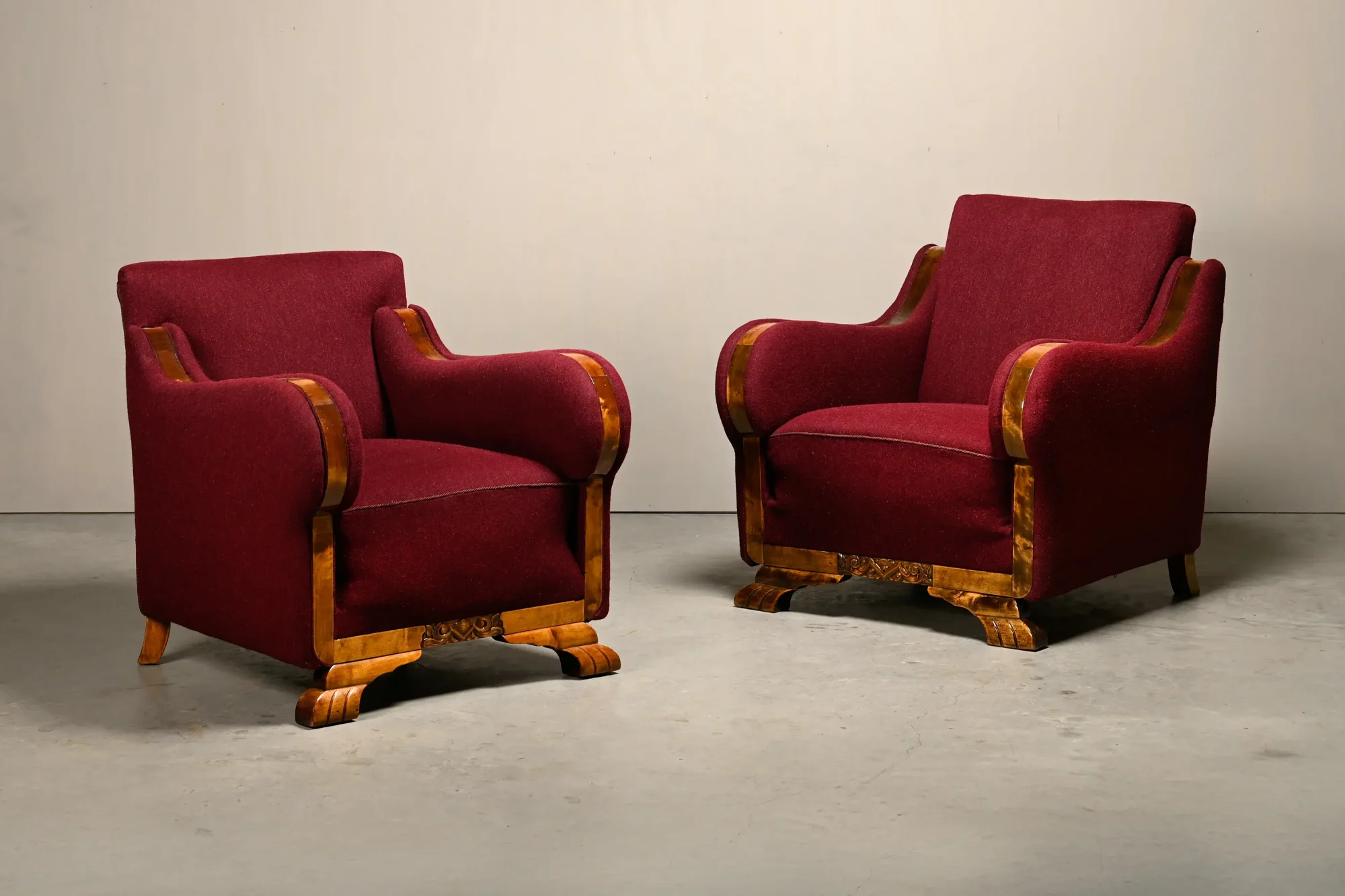 Pair Danish cabinetmaker Art Deco Armchairs in burgundy wool fabric