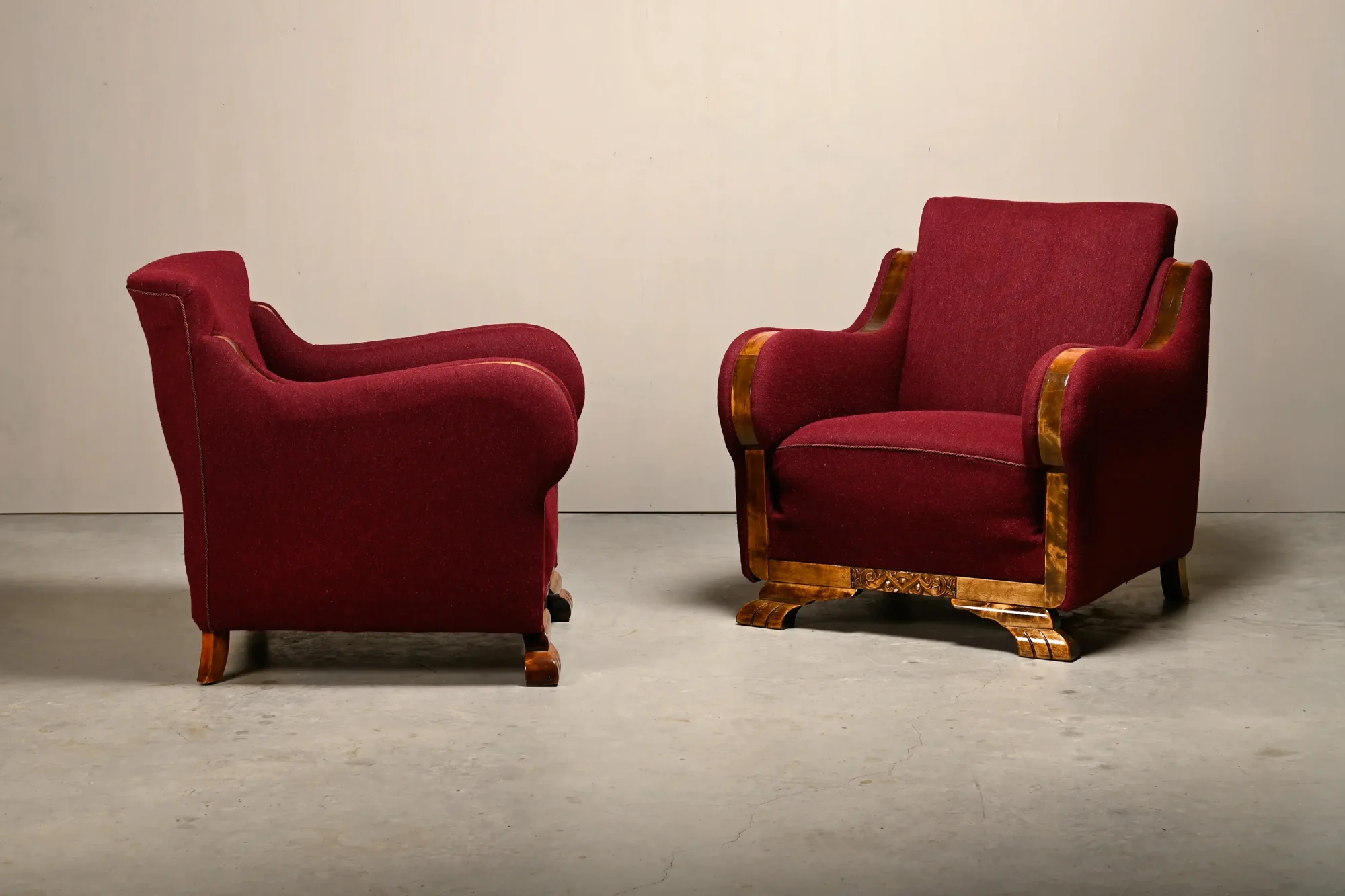 Pair Danish cabinetmaker Art Deco Armchairs in burgundy wool fabric