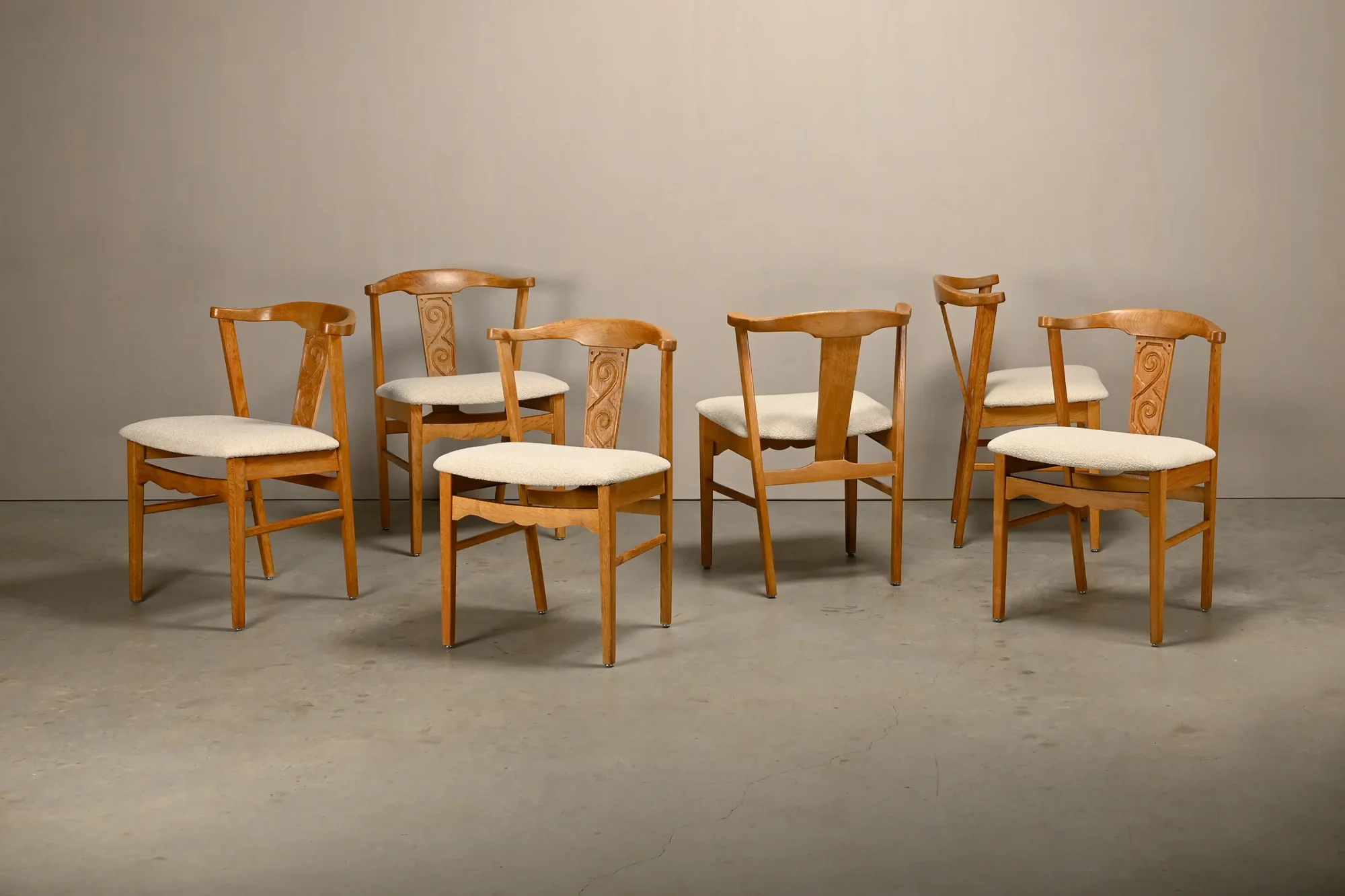 Brutalist Dining Chairs in style of Henning Kjærnulf in Oak and Bouclé, 1960s