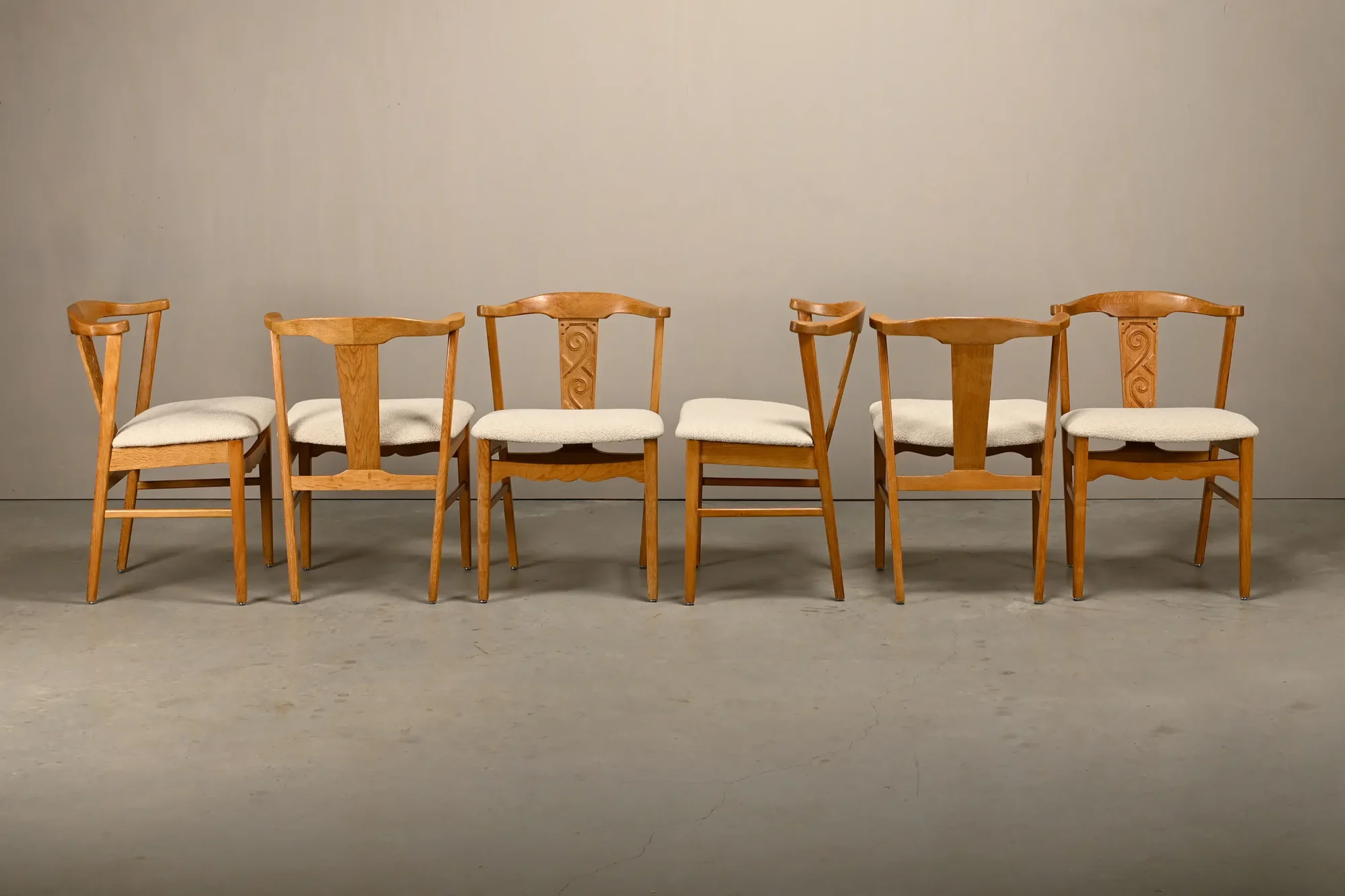 Brutalist Dining Chairs in style of Henning Kjærnulf in Oak and Bouclé, 1960s