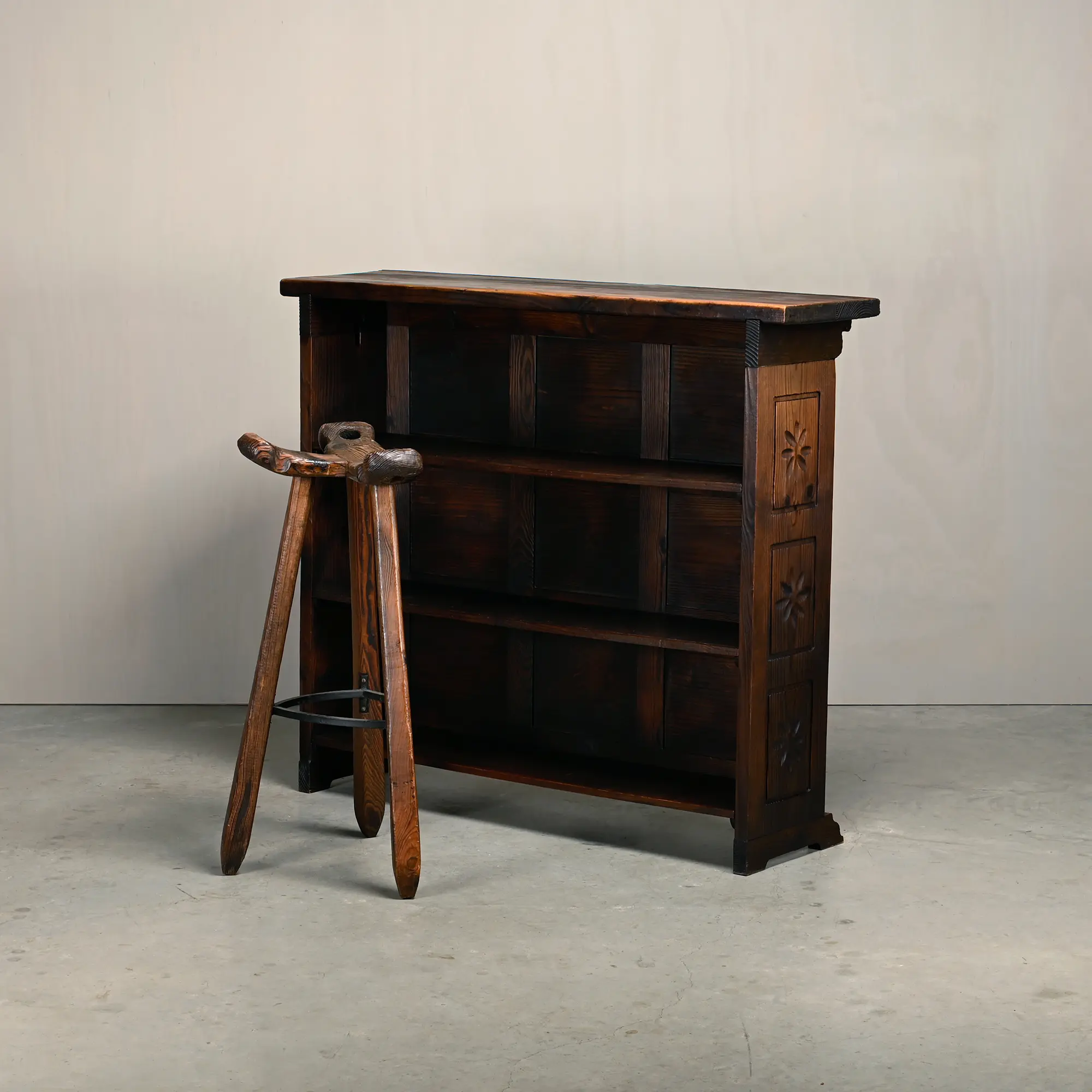 Spanish Rustic Brutalist Dry Bar Counter with matching Barstools