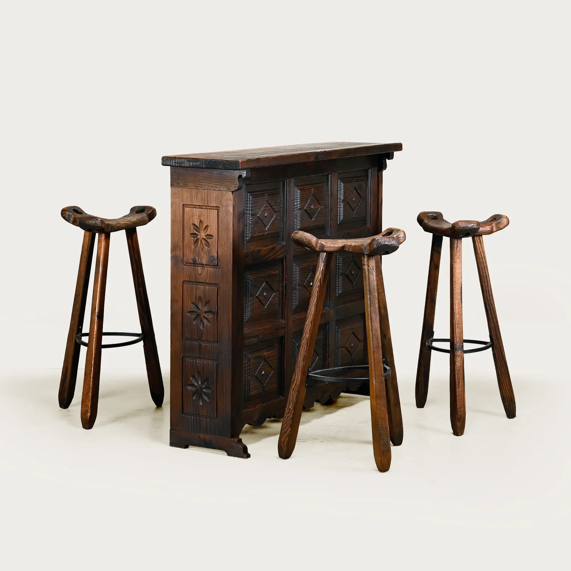 Spanish Rustic Brutalist Dry Bar Counter with matching Barstools
