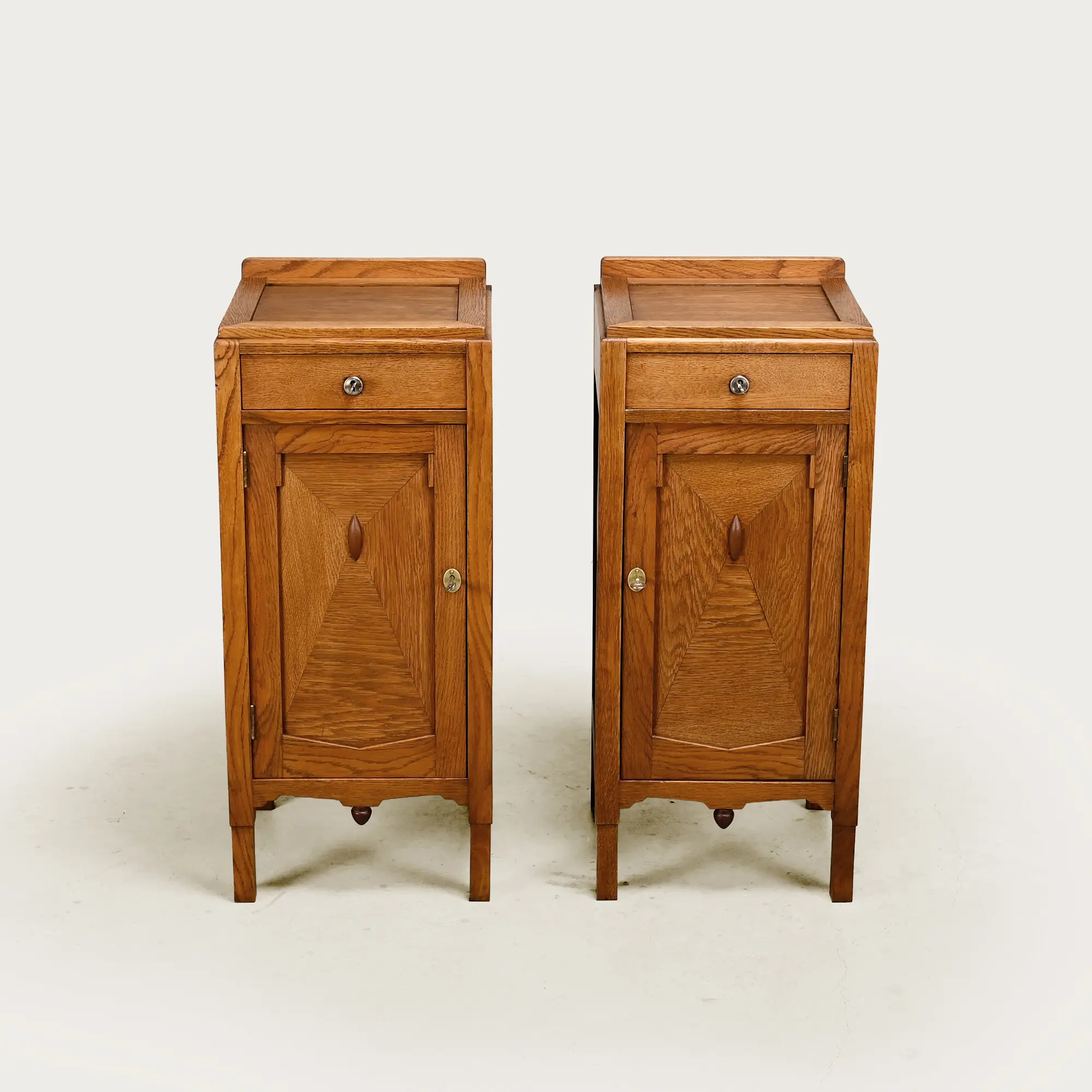Art Deco Amsterdam School Nightstands oak wood and glass, 1930s Netherlands